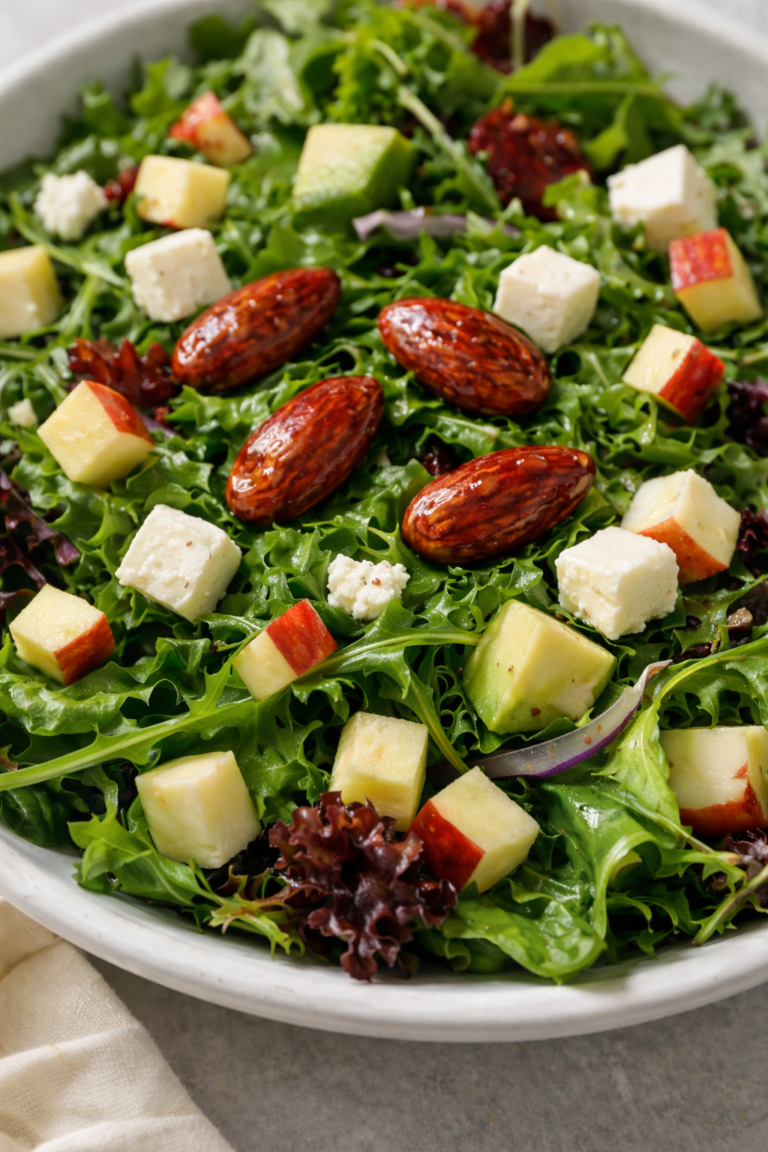 Ensalada, queso de cabra, manzana en cubitos y almendras caramelizadas "Las Morenitas de Puri"